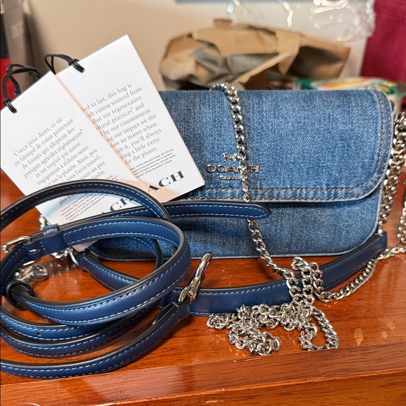 Coach Denim Crossbody Bag with Silver Chain - Picture 9 of 12
